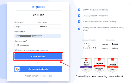 Sign up wtih bright data