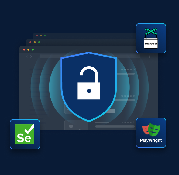 Badge with unlock icon, Selenium, Puppeteer, and Playwright logos.