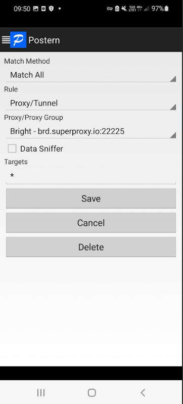 Postern app settings with Proxy/Tunnel configuration options.